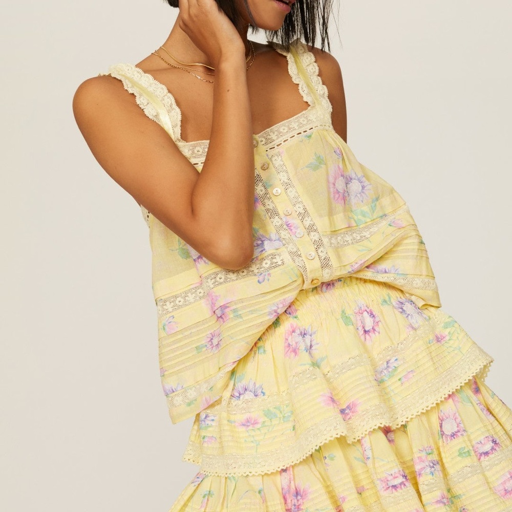 LoveShackFancy Ruffled Layered Yellow Floral Mini… - image 8